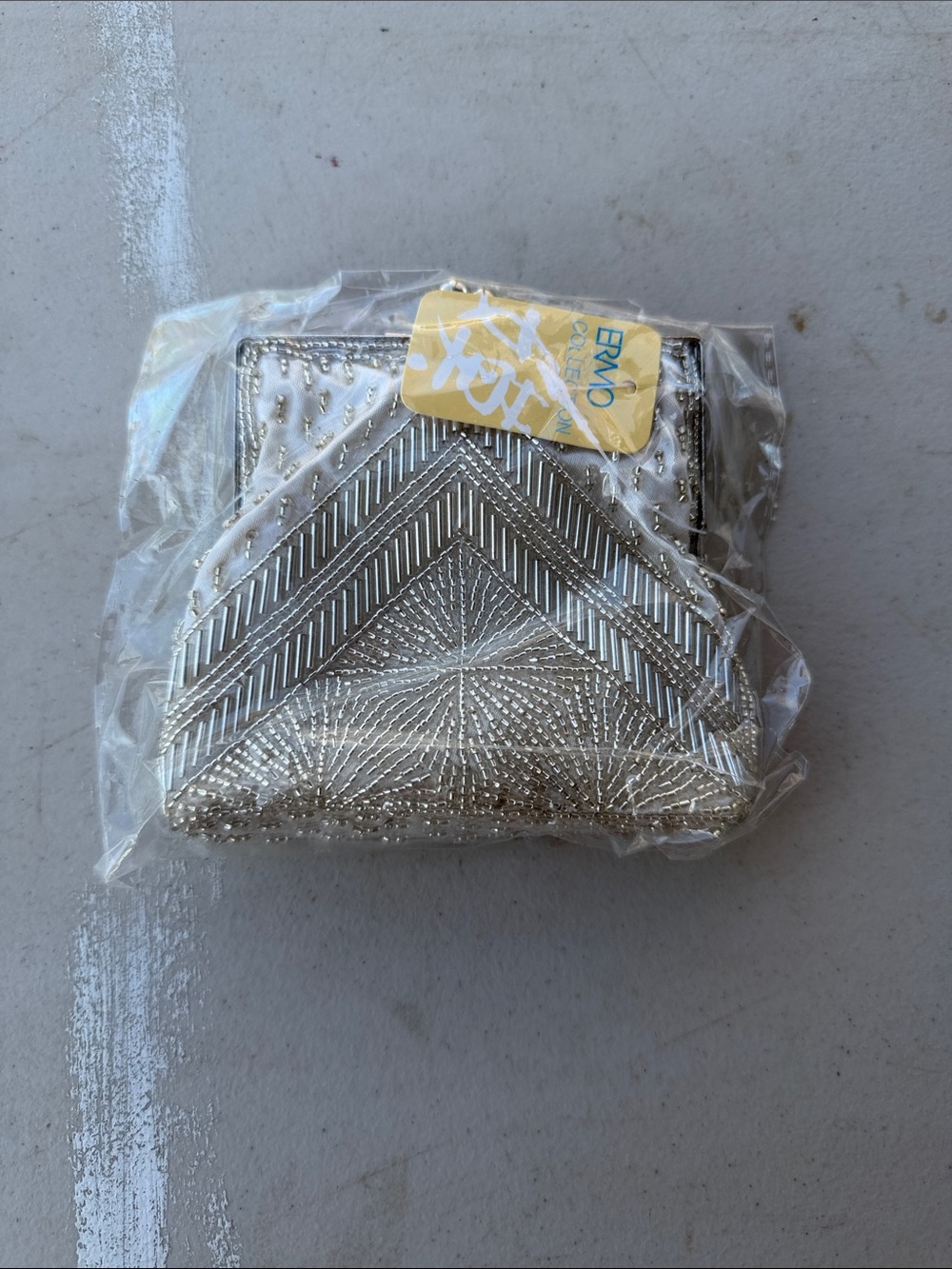 NWT Ermo Iridescent Silver Beaded Chevron Clutch